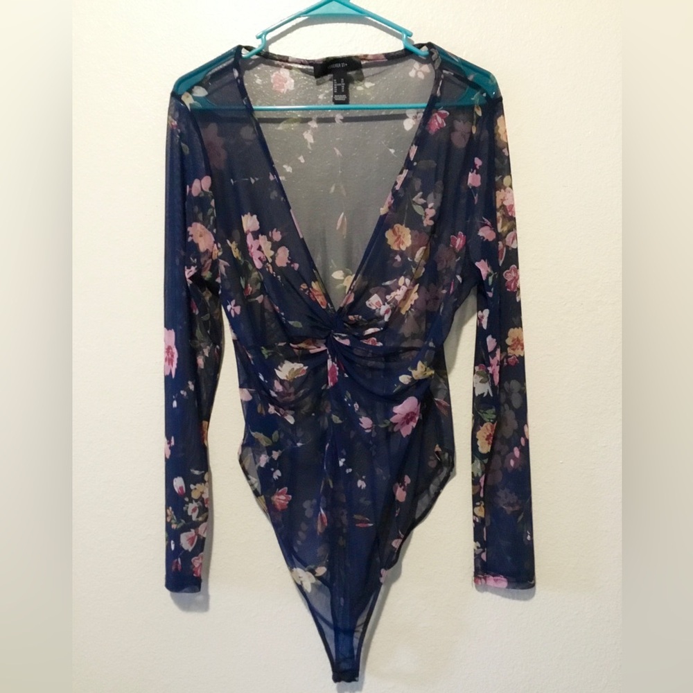 Forever 21 2x Mesh Long-sleeve Floral Bodysuit